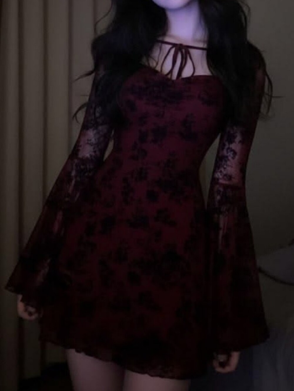 Burgundy Black Floral Mesh Whimsigoth Mini Dress Flared Bell Sleeve Size M